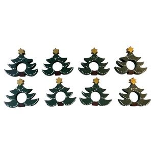 Set of 8 Wooden Vintage Christmas Tree Napkin Rings Green‎ White Gold